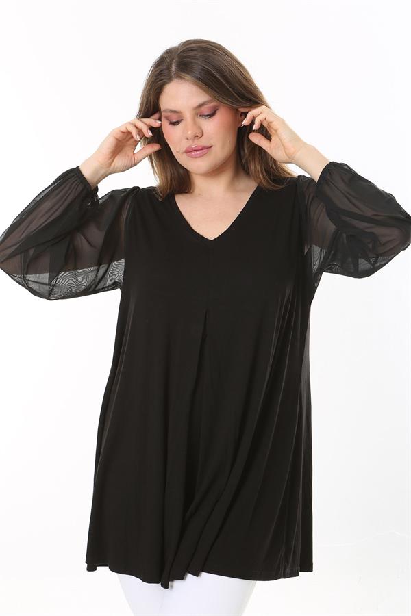 Kadın Büyük Beden Siyah Kolları Tül Önü A Pileli Tunik 65N37784