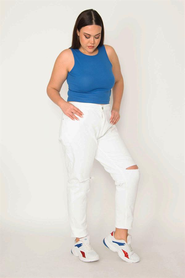 Kadın Büyük Beden Beyaz Yırtık Detaylı Likrasız Kot Pantolon 65N36836