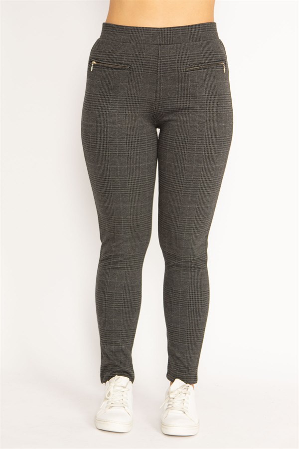 Leggings femme gris à carreaux et poches zippées décoratives 26A34810