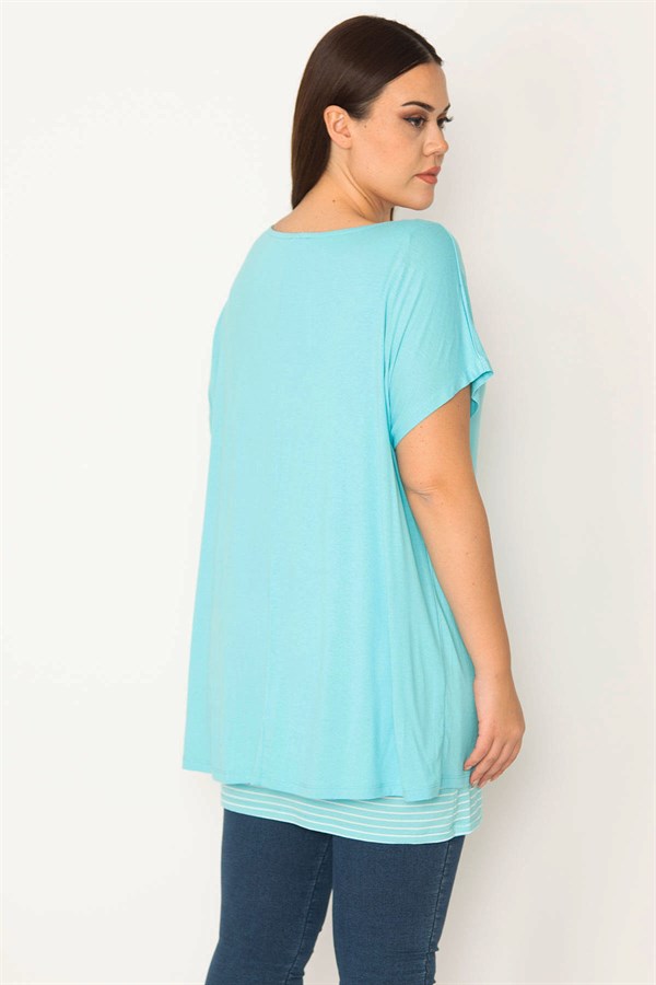 KADIN MAVİ İÇİ ÇİZGİLİ ATLETLİ DÜŞÜK KOLLU BLUZ