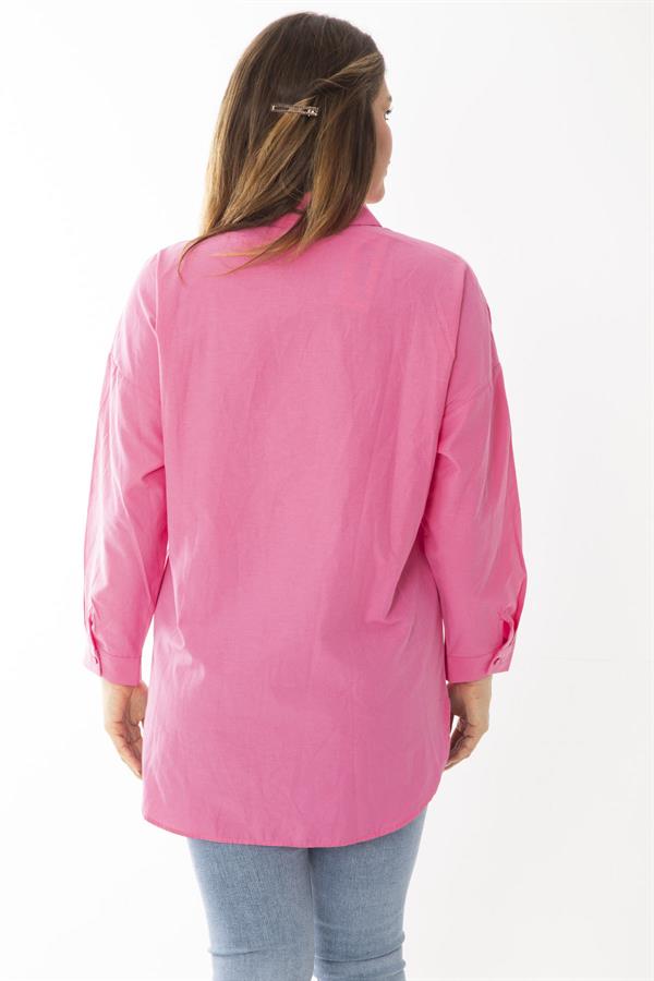 Kadın Büyük Beden Pembe Ön Düğmeli Uzun Kollu Gömlek 65N37046