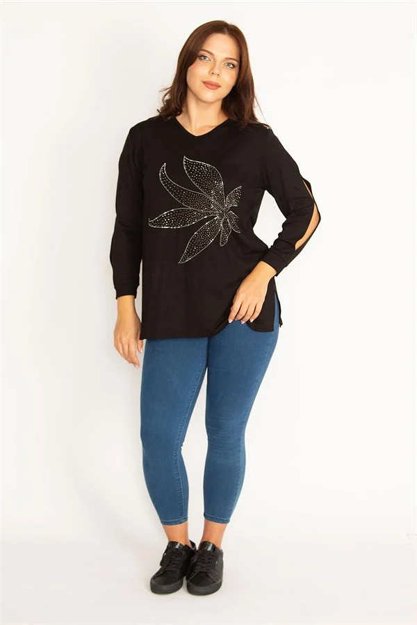 Kadın Bordo Kol Dekolteli Taş Detaylı Bluz 65N34764