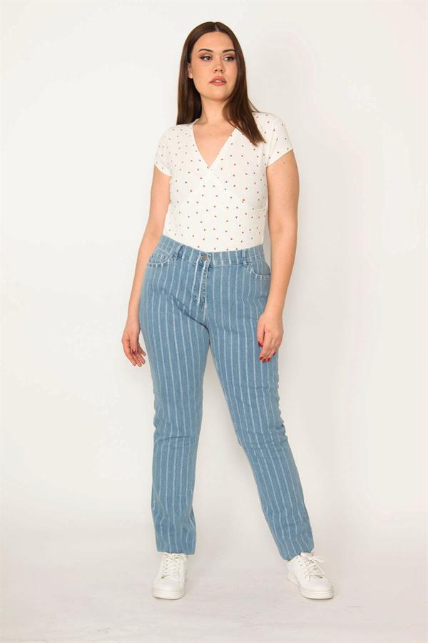 Kadın Büyük Beden Mavi 5 Cepli Çizgili Kot Pantolon 65N36818