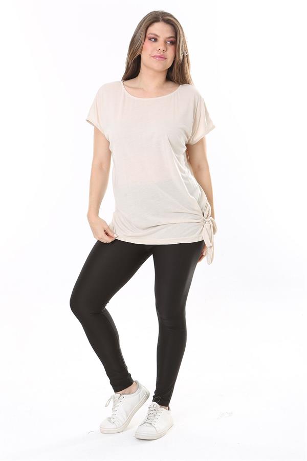 Kadın Büyük Beden Bej Yan Bağlamalı Bisiklet Yakalı Kısa Kollu Bluz 65N37849