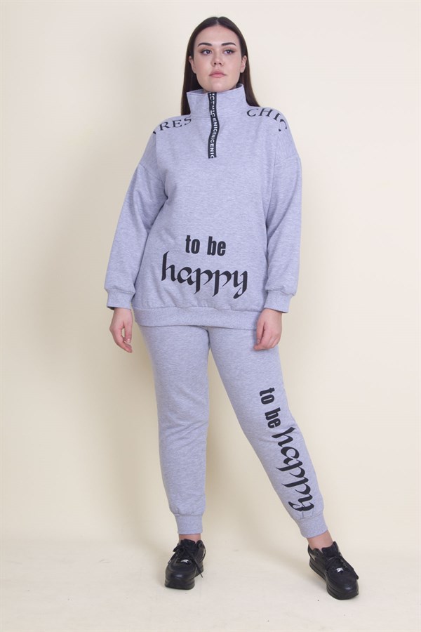 Kadın Gri Pat Fermuar Detaylı Şardonlu Baskılı Eşofman Takım 65N21019