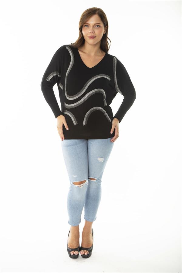 Kadın Büyük Beden Siyah Taş Detaylı V Yakalı Uzun Kollu Bluz 65N36861