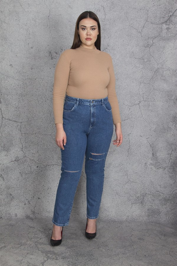 Kadın Mavi Yırtık Detaylı Kot Pantolon 65N35397