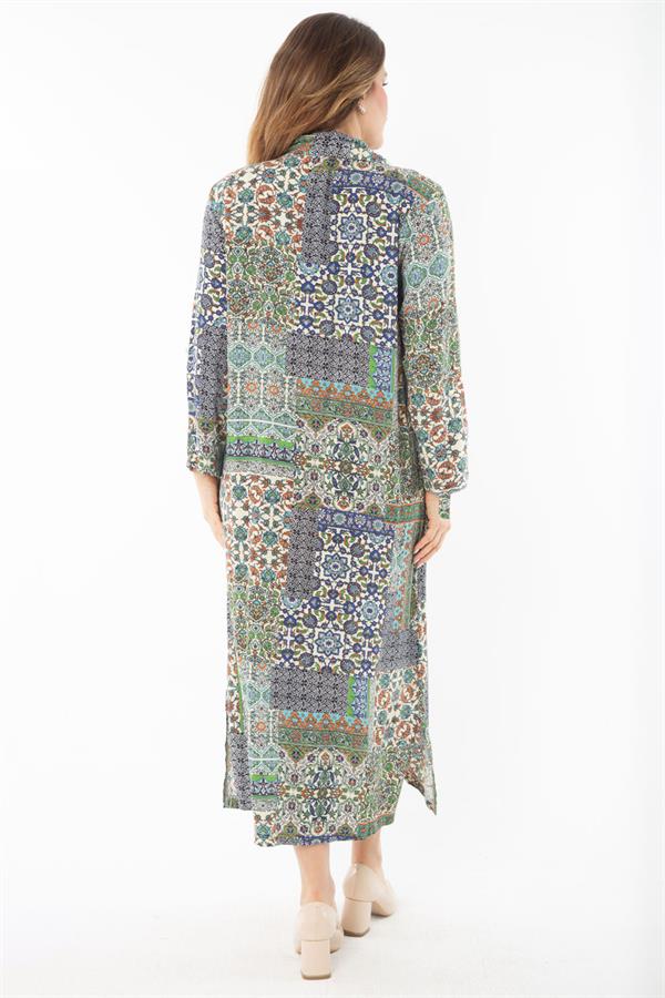 Kadın Büyük Beden Renkli Dokuma Viskon Kumaş Ön Düğmeli Elbise 65N37351