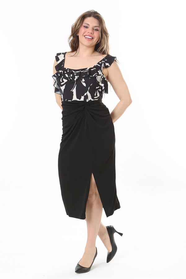 Kadın Büyük Beden Siyah Ön Yırtmaçlı Elbise 65N37989