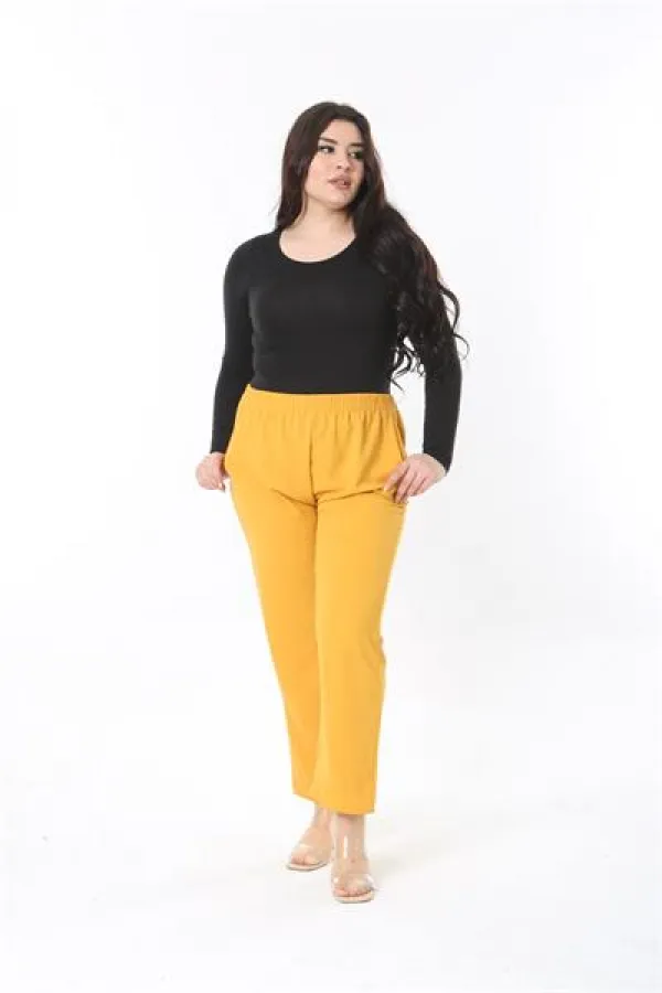 Kadın Büyük Beden Hardal Beli Lastikli Yan Cepli Pantolon 65N38929