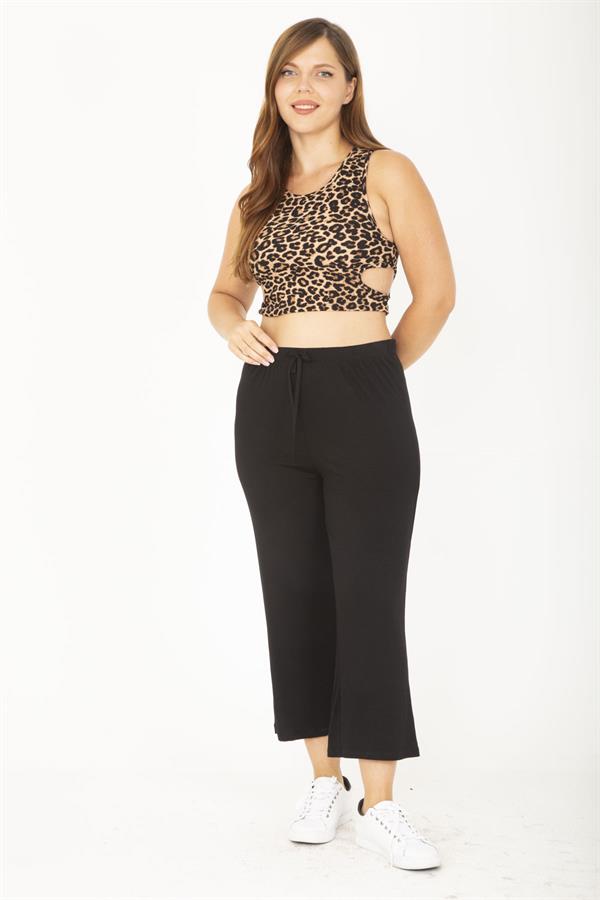 Kadın Büyük Beden Siyah Beli Bağcıklı Eşofman Alt 65N36805