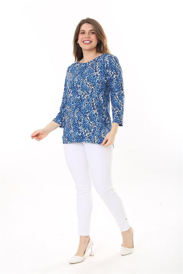 Kadın Büyük Beden Mavi Sırt Detaylı Bisiklet Yakalı Kapri Kollu Bluz 65N37586