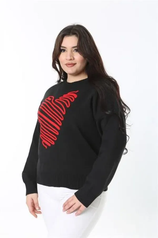 Kadın Büyük Beden Siyah Suzine Nakışlı Triko Kazak 65N38862