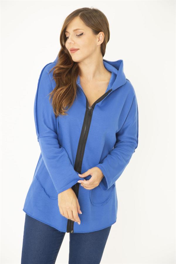 Kadın Büyük Beden Saks Ön Fermuar Ve Cepli Kapşonlu Kaşe Mont 65N36969