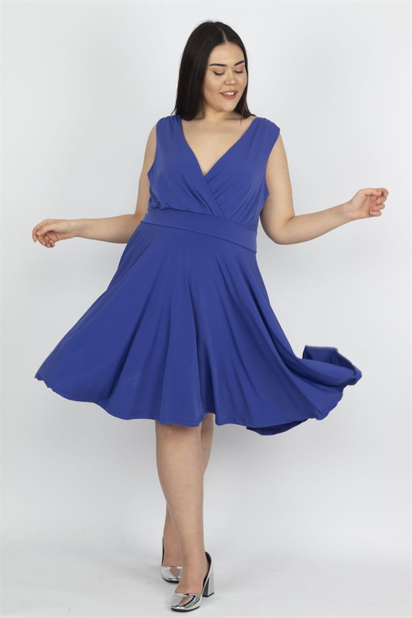 Kadın Saks Anvelop Yaka Arka Bel Lastik Detaylı  Elbise 65N29763