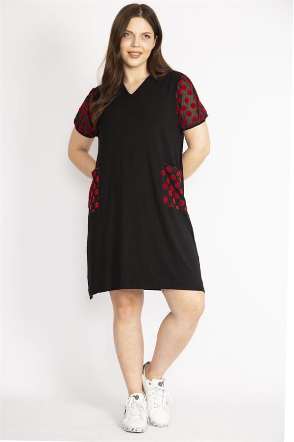 Kadın Siyah Büyük Beden Kol Ve Cepleri Desenli Tül Detaylı V Yakalı Elbise