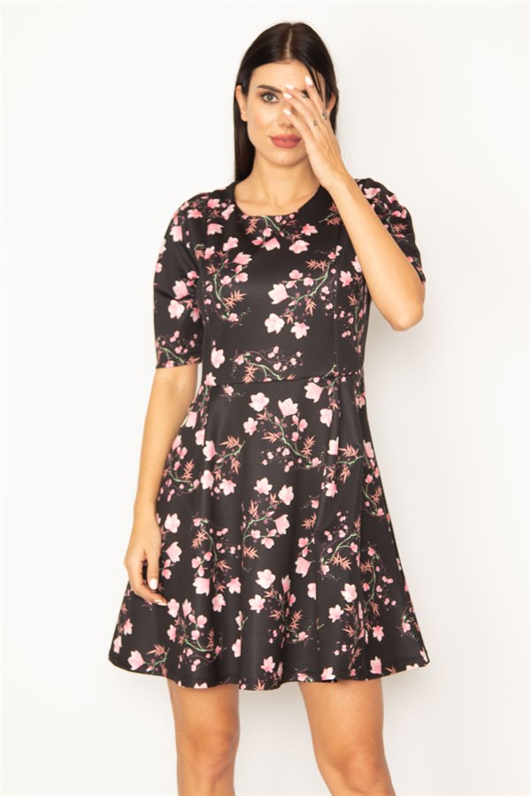 WOMEN'S BLACK ORNAMENT POCKET ZIPPERED FLORAL PATTERNED DRESS