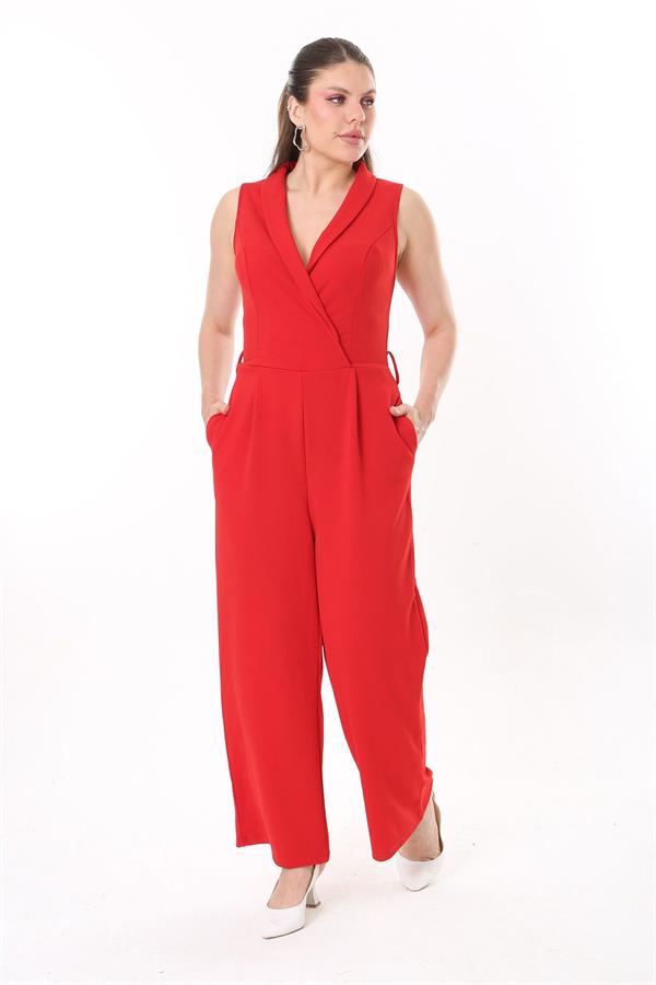 Kadın Büyük Beden Kırmızı Anvelop Yakalı Geniş Paçalı Tulum 65N37734