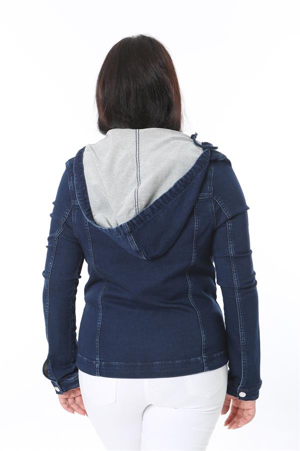 Women's Plus Size Navy Blue Snap Button Hooded Denim Coat 65N38380