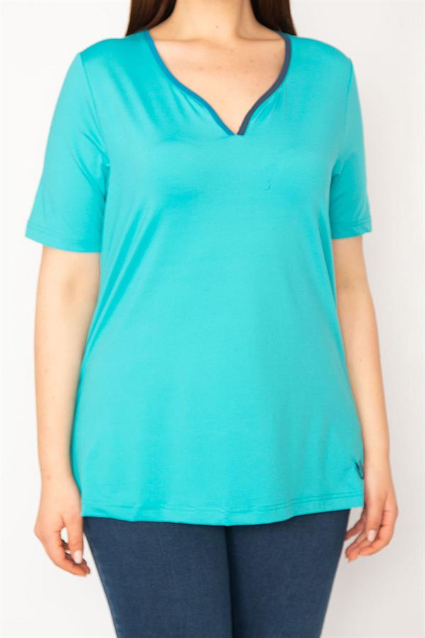 Kadın Siyah Büyük Beden Yaka Biyeli Spor Bluz 65N35618