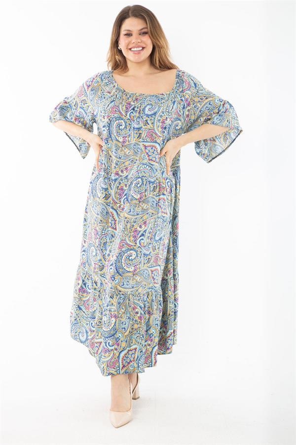 Kadın Büyük Beden Renkli Yaka Lastikli Dokuma Viskon Kumaş Katlı Elbise 65N37349