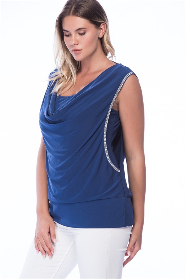 Kadın Saks Yan Taş Işlemeli Bluz 26N8058