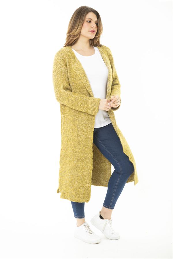 Kadın Büyük Beden Safran Yırtmaçlı Kalın Triko Uzun Hırka 65N37142