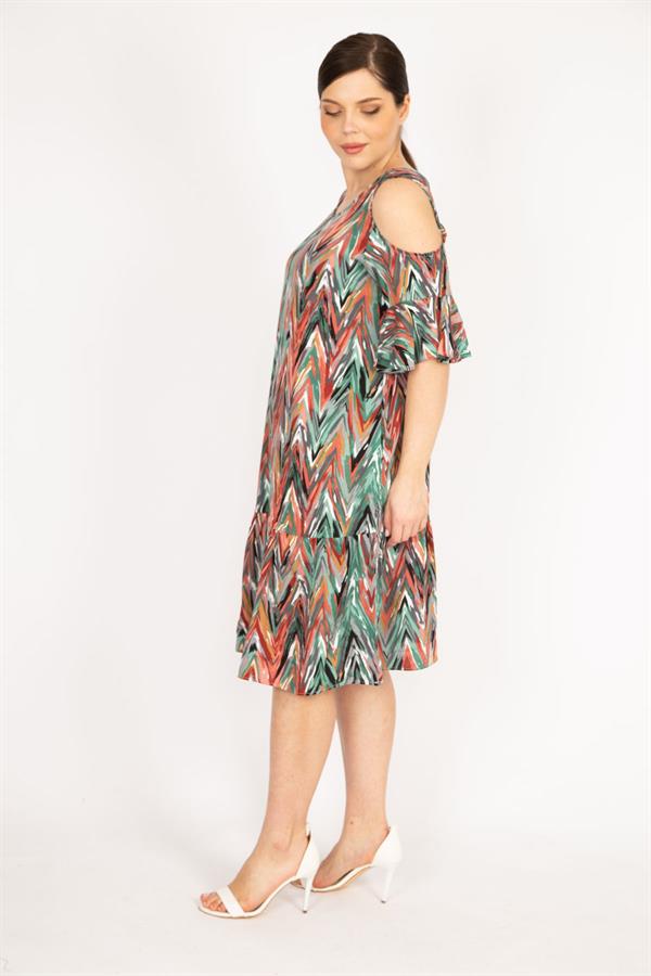 Kadın Fujya Büyük Beden Omuz Dekolteli Dokuma Viskon Kumaş Yan Cepli Elbise