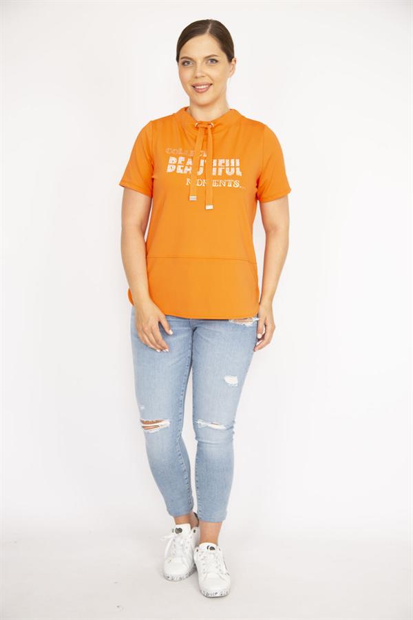 Kadın Oranj Büyük Beden Yakası Kuşgözü Bağcık Ve Taş Detaylı Sweatshirt