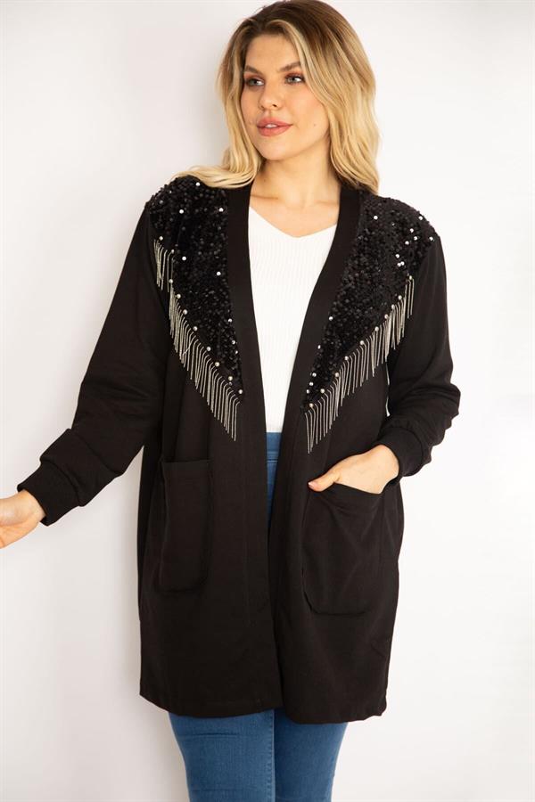 Kadın Siyah Payet Ve Zincir Aksesuarlı Astarsız Ceket 65N35139