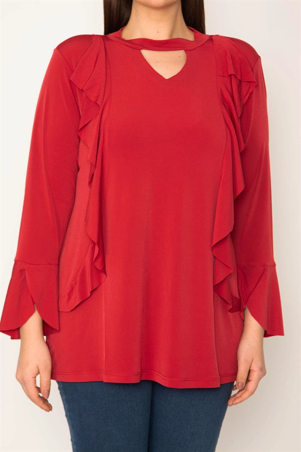 KADIN BORDO YAKA VE VOLAN DETAYLI BLUZ