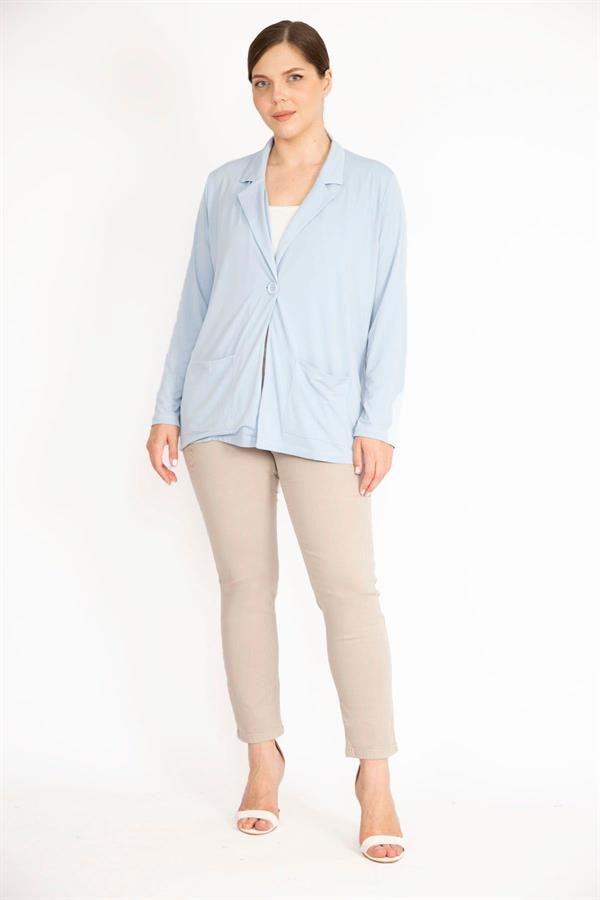 Kadın Büyük Beden Tek Düğmeli Astarsız Cepli Hırka 65N38078