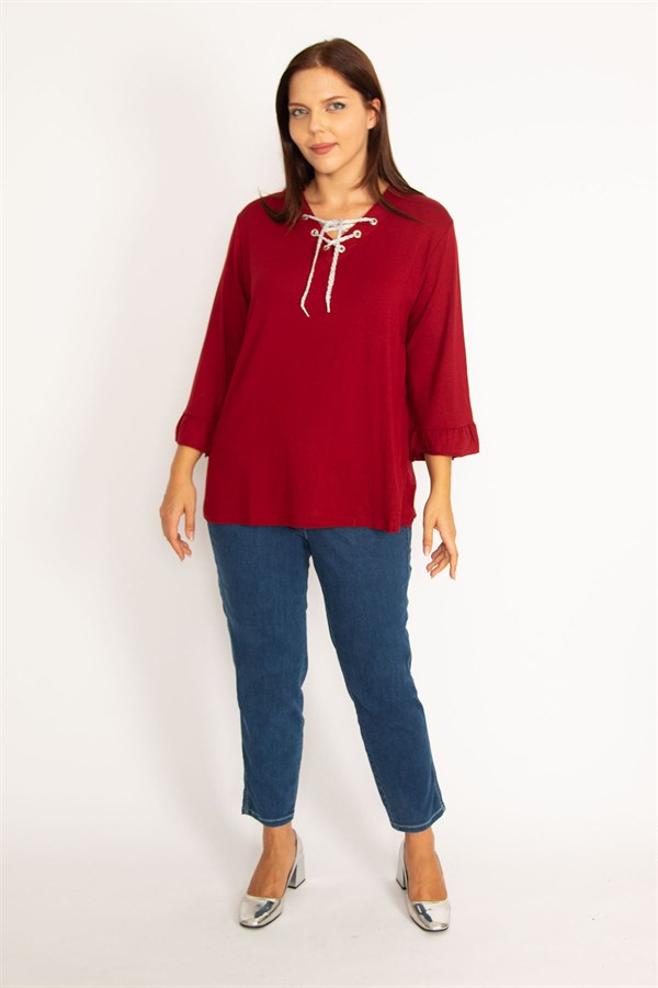 Kadın Bordo Yakası Kuşgözü Bağcık Detaylı Kol Ağzı Fırfır Büzgülü Bluz 65N34648