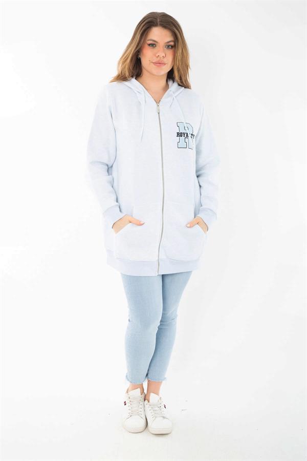 Kadın Büyük Beden Mavi İçi Şardonlu Ön Fermuar Ve Kapşonlu Sweatshirt 65N37405