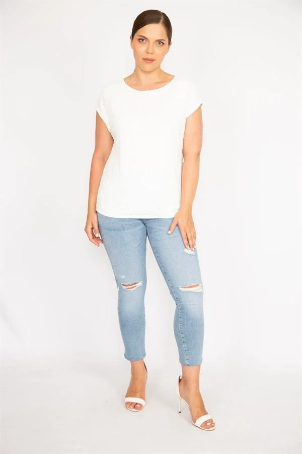 Kadın Kemik Büyük Beden Önü Dantelli Düşük Kollu Bluz