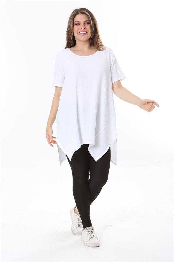 Kadın Büyük Beden Beyaz Bürümcük Kumaş Etek Ucu Kup Detaylı Kısa Kollu Bluz 65N37857