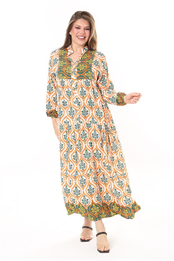 Kadın Büyük Beden Mavi Dokuma Viskon Kumaş Ön Düğmeli Uzun Elbise 65N37860