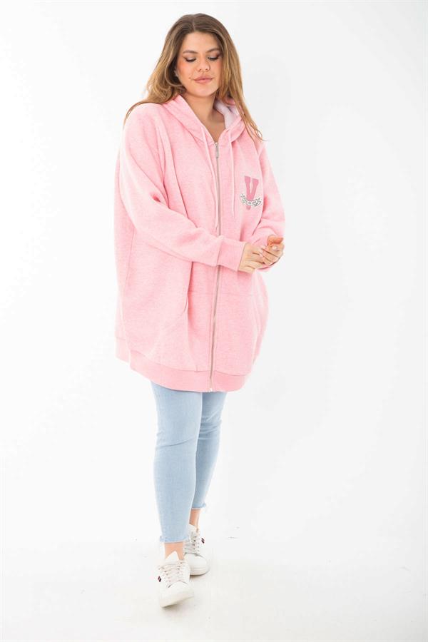 Kadın Büyük Beden Mavi İçi Şardonlu Ön Fermuar Ve Kapşonlu Sweatshirt 65N37405