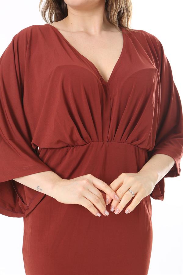 Kadın Büyük Beden Taba Yarasa Kol Bel Kısmı Lastikli Kuşaklı Elbise 65N37987