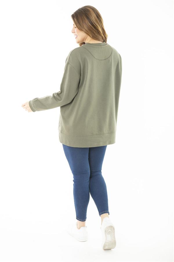 Women's Plus Size Khaki Ribbed Slit Sweatshirt 65N37177