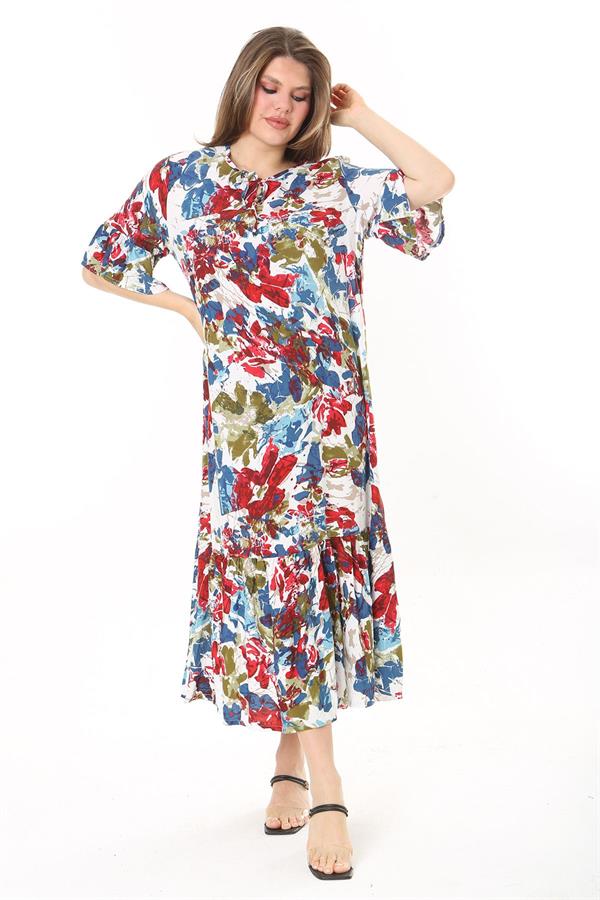 Kadın Büyük Beden Mavi Dokuma Viskon Kumaş Eteği Katlı Kısa Kollu Elbise 65N37868