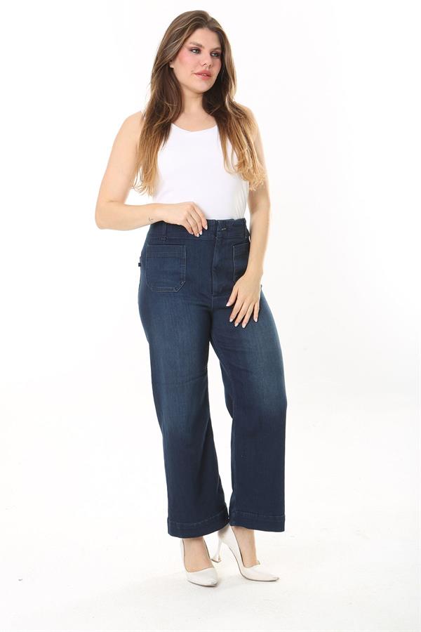 Kadın Büyük Beden Lacivert Yüksek Bel 4 Cepli Likralı Kot Pantolon 65N37922