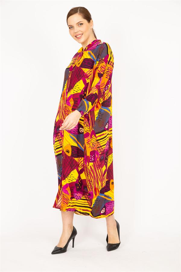 Kadın Fujya Büyük Beden Dokuma Viskon Kumaş Ön Boy Düğmeli Elbise