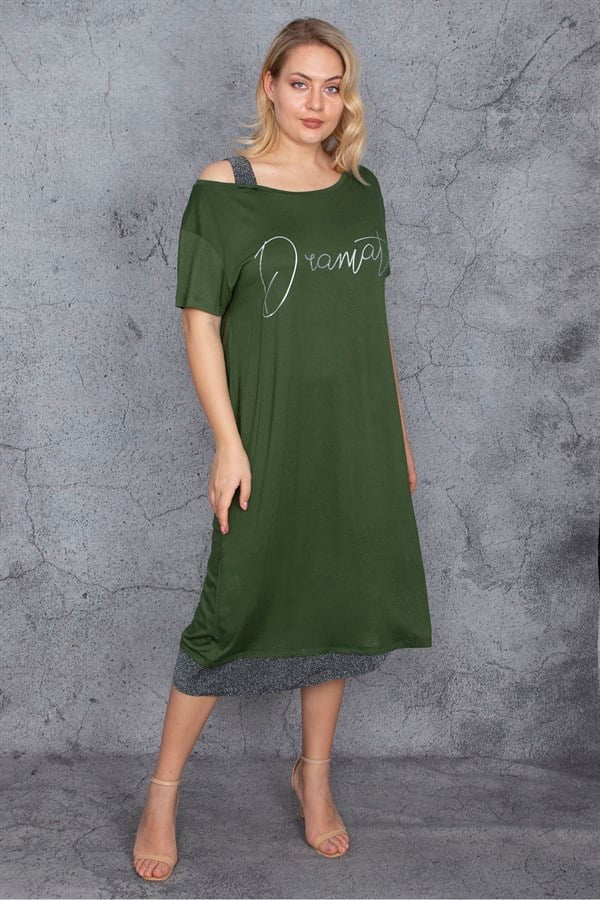 Kadın Haki Sim Detaylı Ön Baskılı Elbise 65N27215