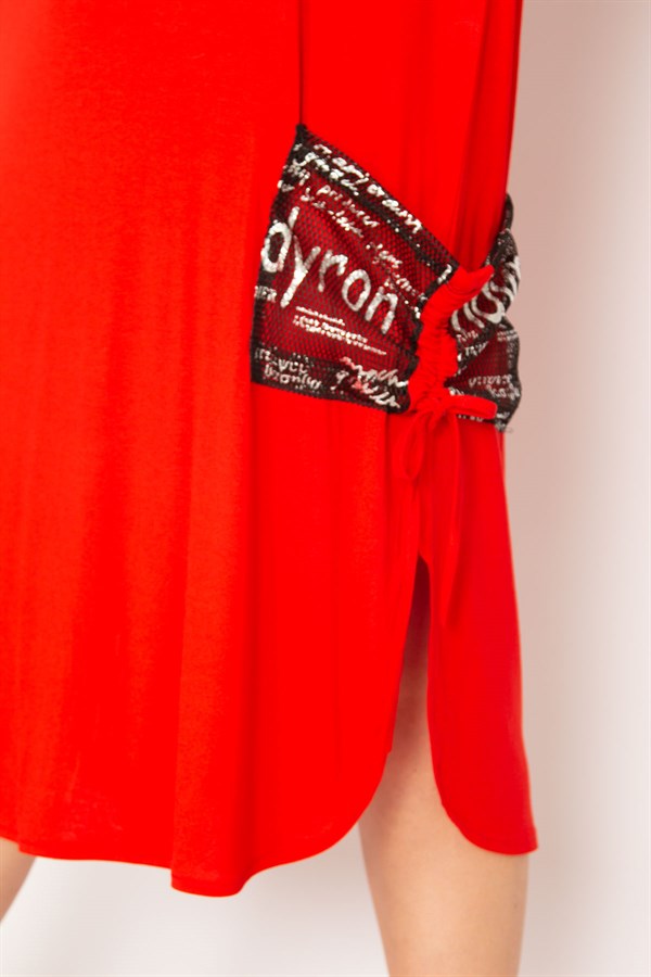 Kadın Kırmızı Cep Ve Kolu File Detaylı Taş Baskılı Viskon Elbise 65N33166