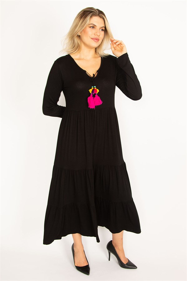 Kadın Fujya Yaka Detaylı Uzun Kollu Katlı Elbise 65N34514