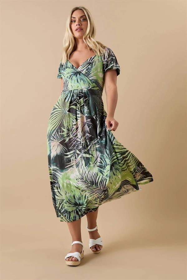 Kadın Büyük Beden Yeşil, Anvelop Yaka, Kısakol, Çiçek Desenli Uzun Elbise 65N38999