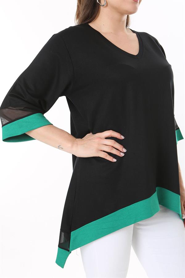 Kadın Büyük Beden Kemik Kol Ve Etek Ucu Tül Ve Garni Detaylı V Yakalı Arkası Uzun Tunik 65N37681