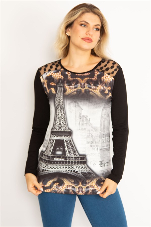 Kadın Siyah Omuz Robası Dantel Taş Ve Baskı Detaylı Tunik 65N34682