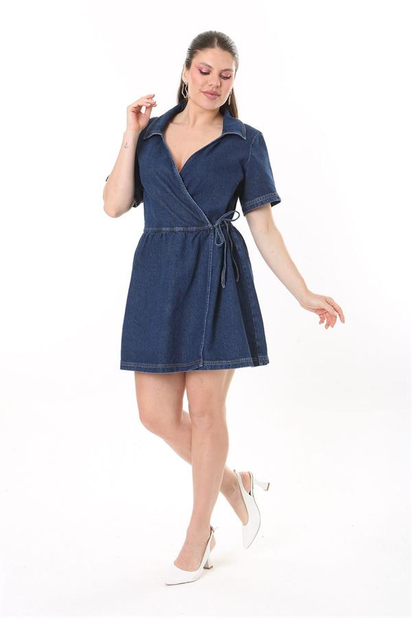 Kadın Büyük Beden Lacivert Bel Bağcıklı Anvelop Kot Elbise 65N37733